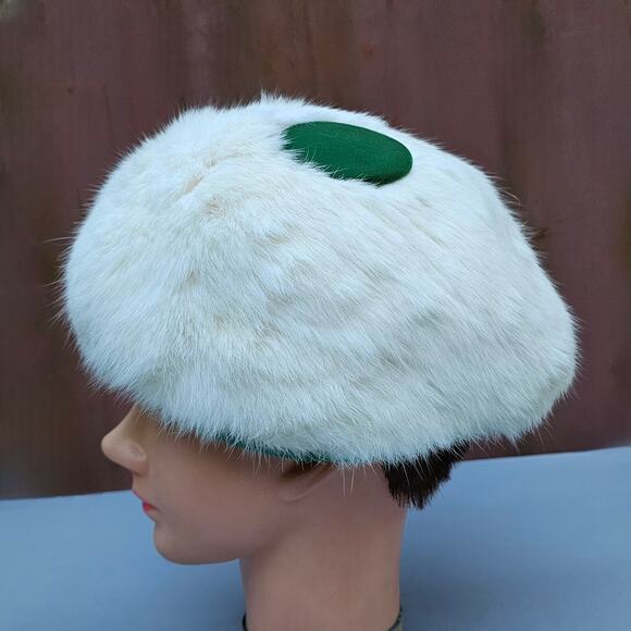 VTG White Rabbit Fur Hat Sonni California Green Velvet Fascinator Elegant 60s - Picture 2 of 10